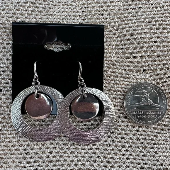 Elegant Silver Dangle Earrings Smooth Circle within textured circle - Picture 6 of 6
